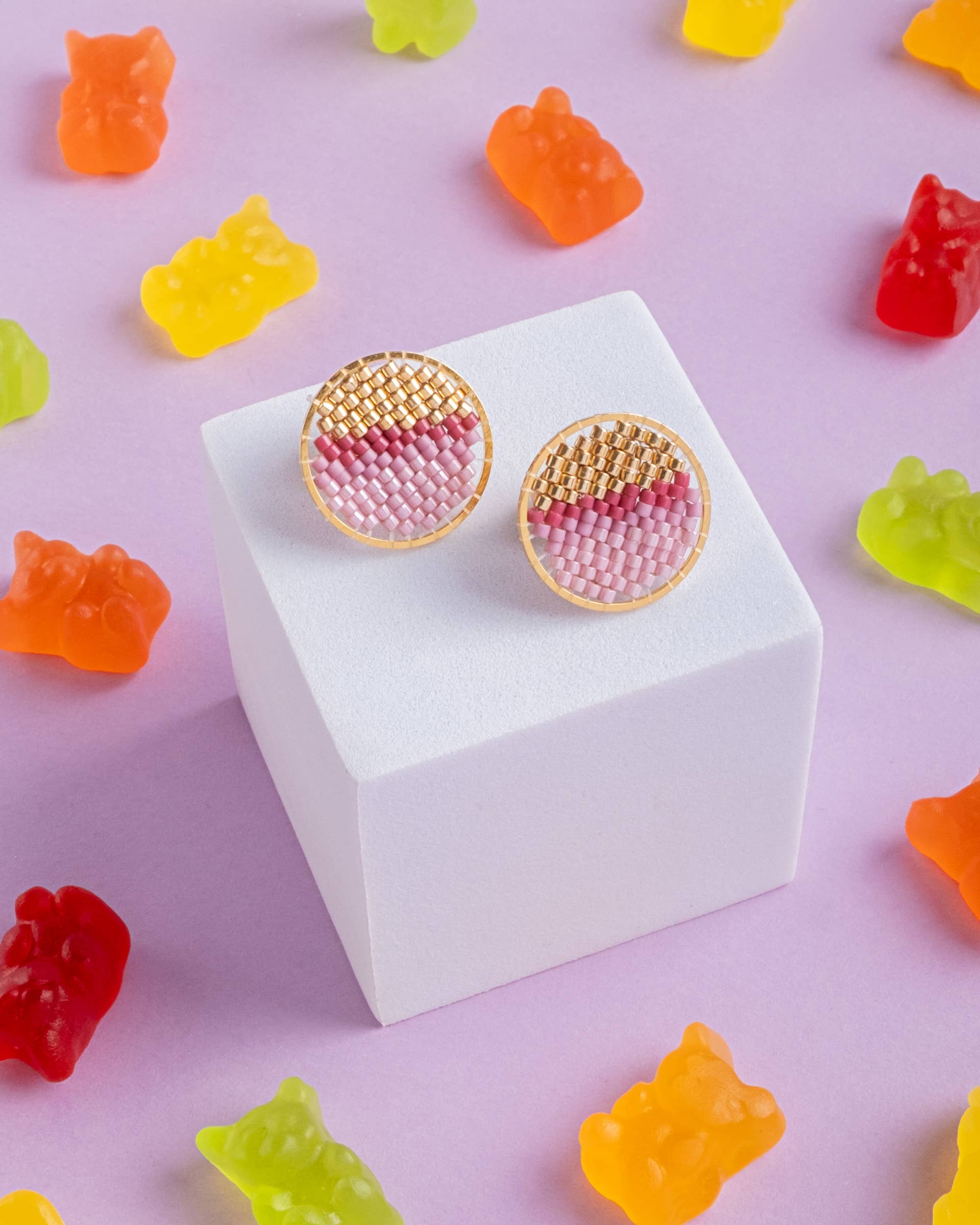 Beaded Handwoven Sweet Tart Stud Earrings (Pink)