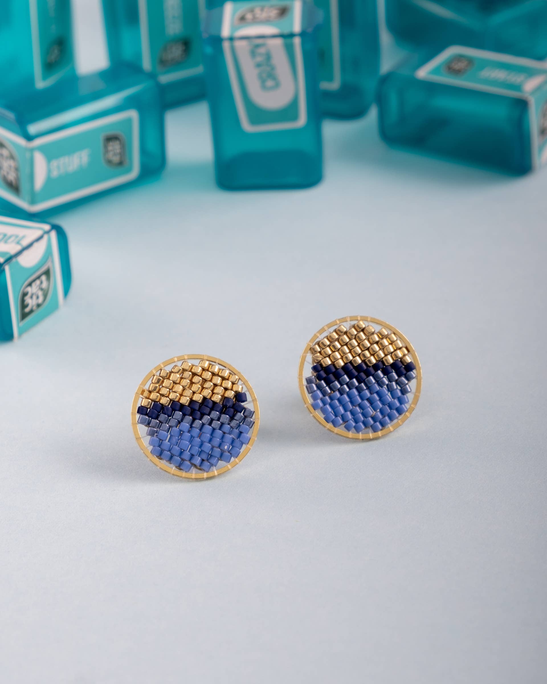 Beaded Handwoven Sweet Tart Stud Earrings (Blue)