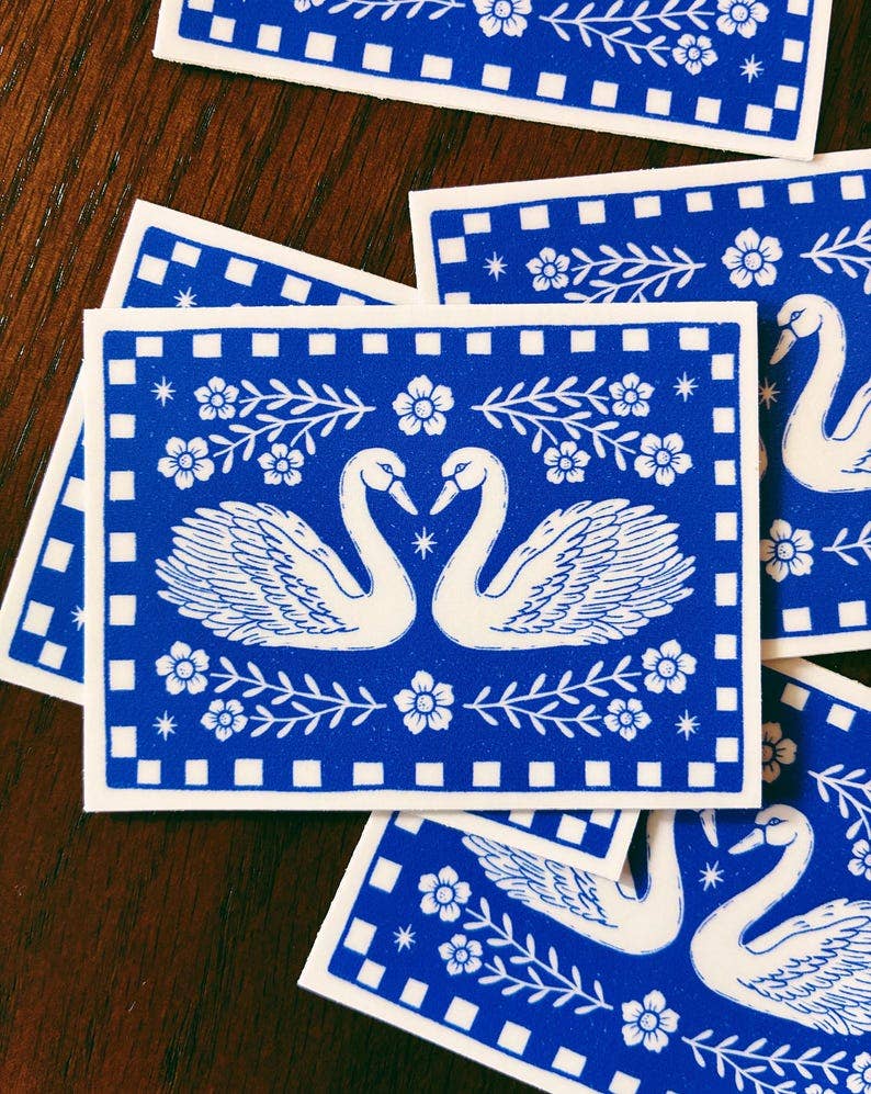 Blue Swan Sticker Folk Art Block Print Style Vinyl Decal 2.8
