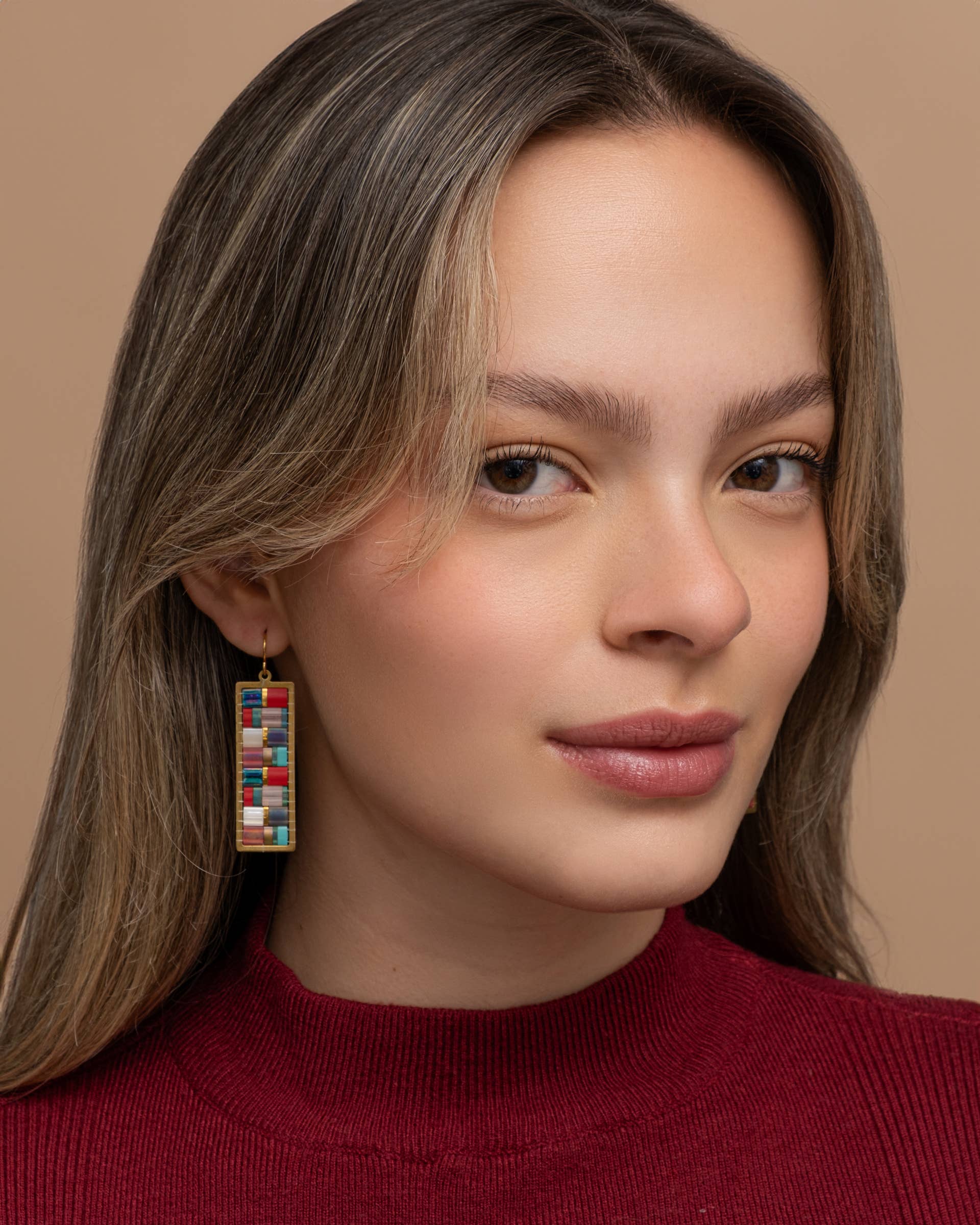 Beaded Handwoven Mosaic Tila and Brass Earrings (Blue/Red)